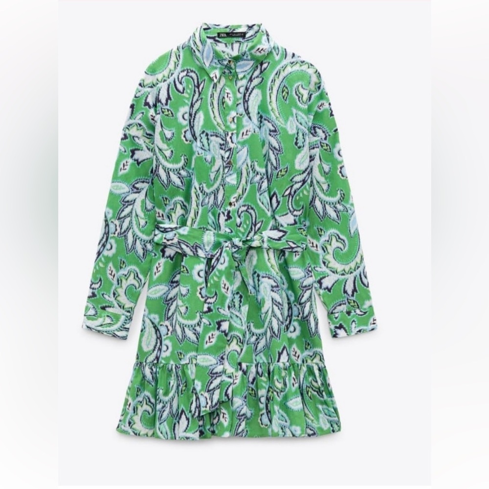 Zara Green and Blue Printed Tie-Waist Mini Dress